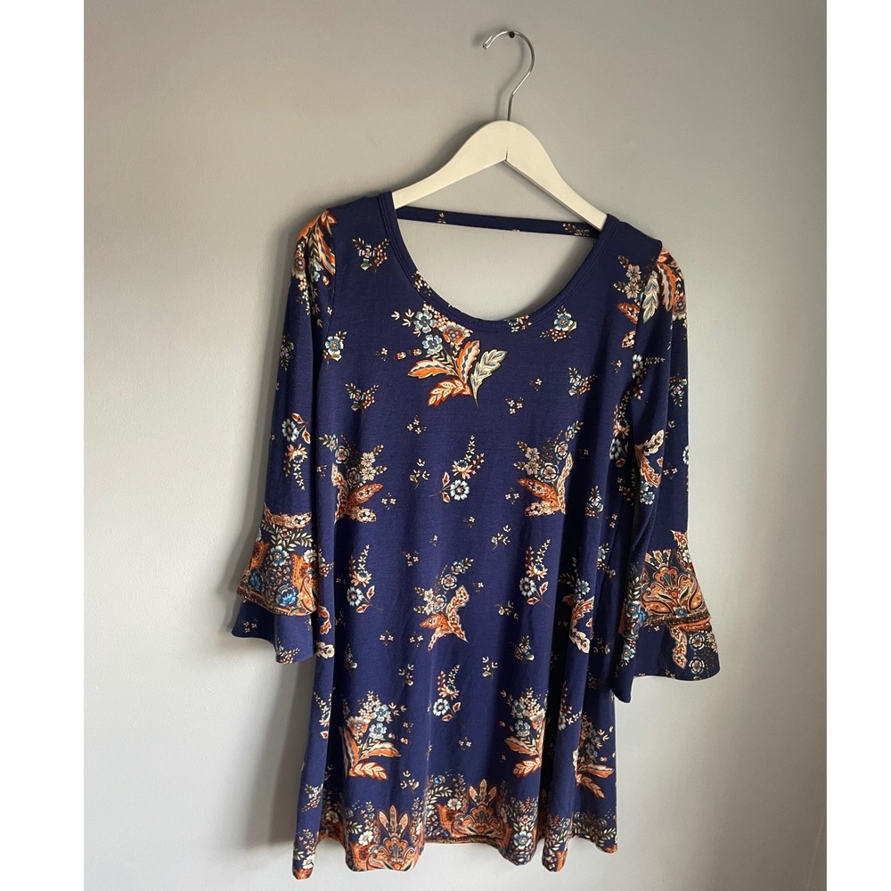 Angie Navy Blue Floral Bell Sleeve Tunic Dress Small Boho Ruffle Scoop Back